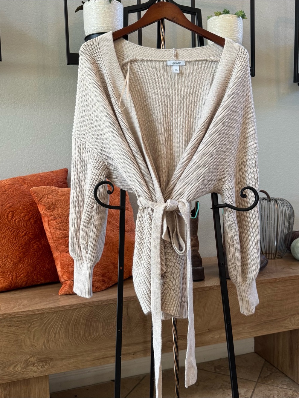Nine West Cream Knit Tie-Front Cardigan